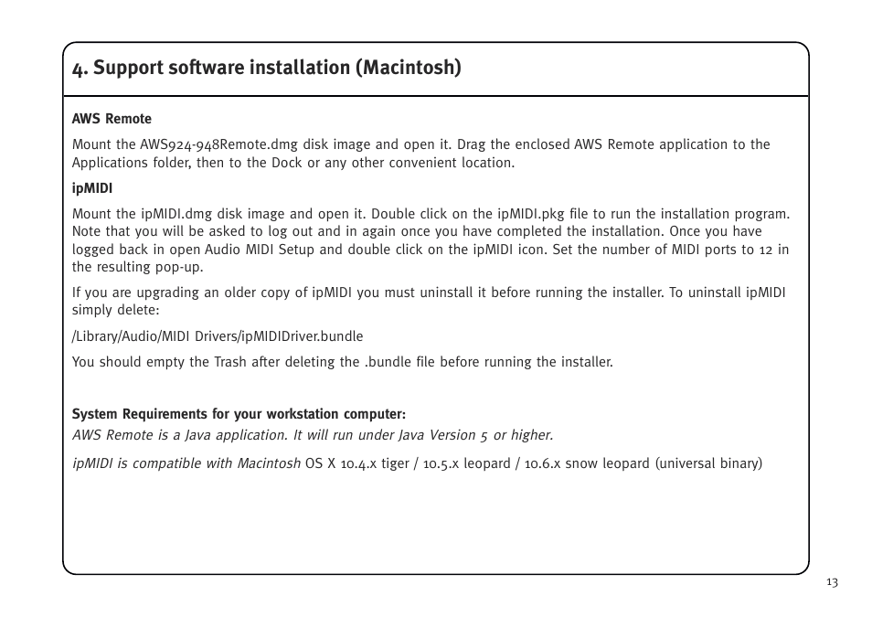 Support software installation (macintosh) | Solid State Logic AWS V4 User Manual | Page 17 / 45