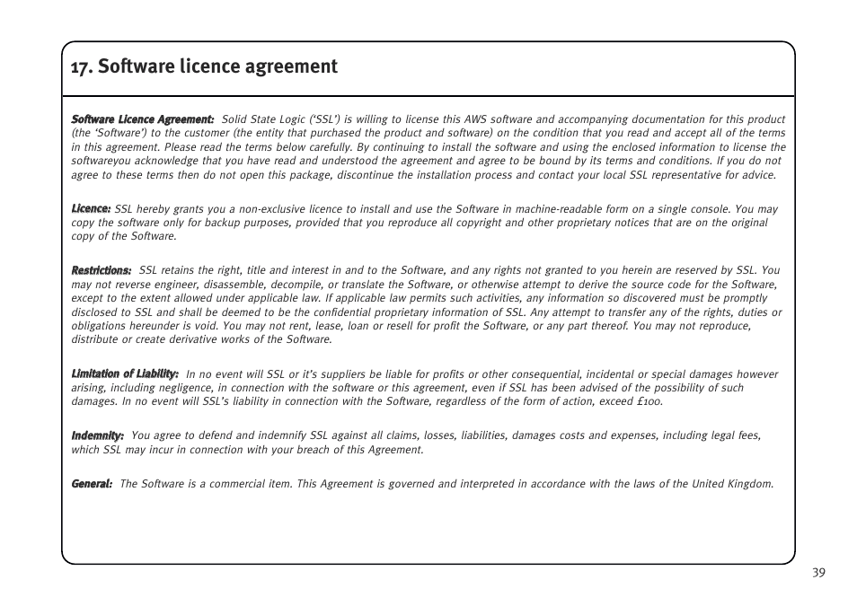 Software licence agreement | Solid State Logic AWS V4 User Manual | Page 43 / 45