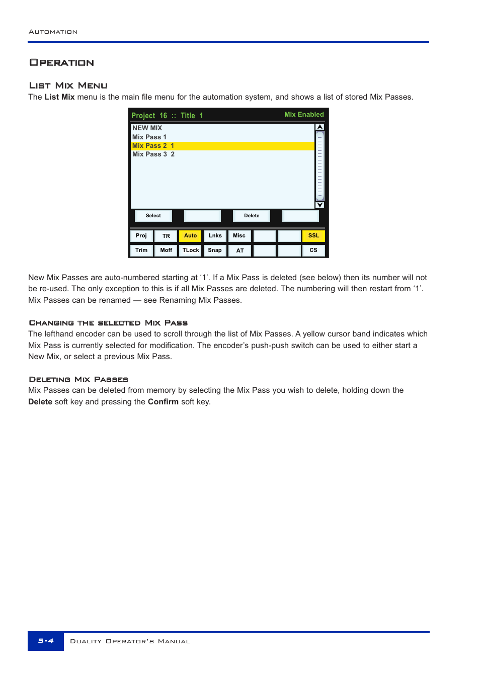 Oop pe er ra at ti io on n, Lli is st t m mi ix x m me en nu u | Solid State Logic Duality 82S6DUA20C User Manual | Page 100 / 127