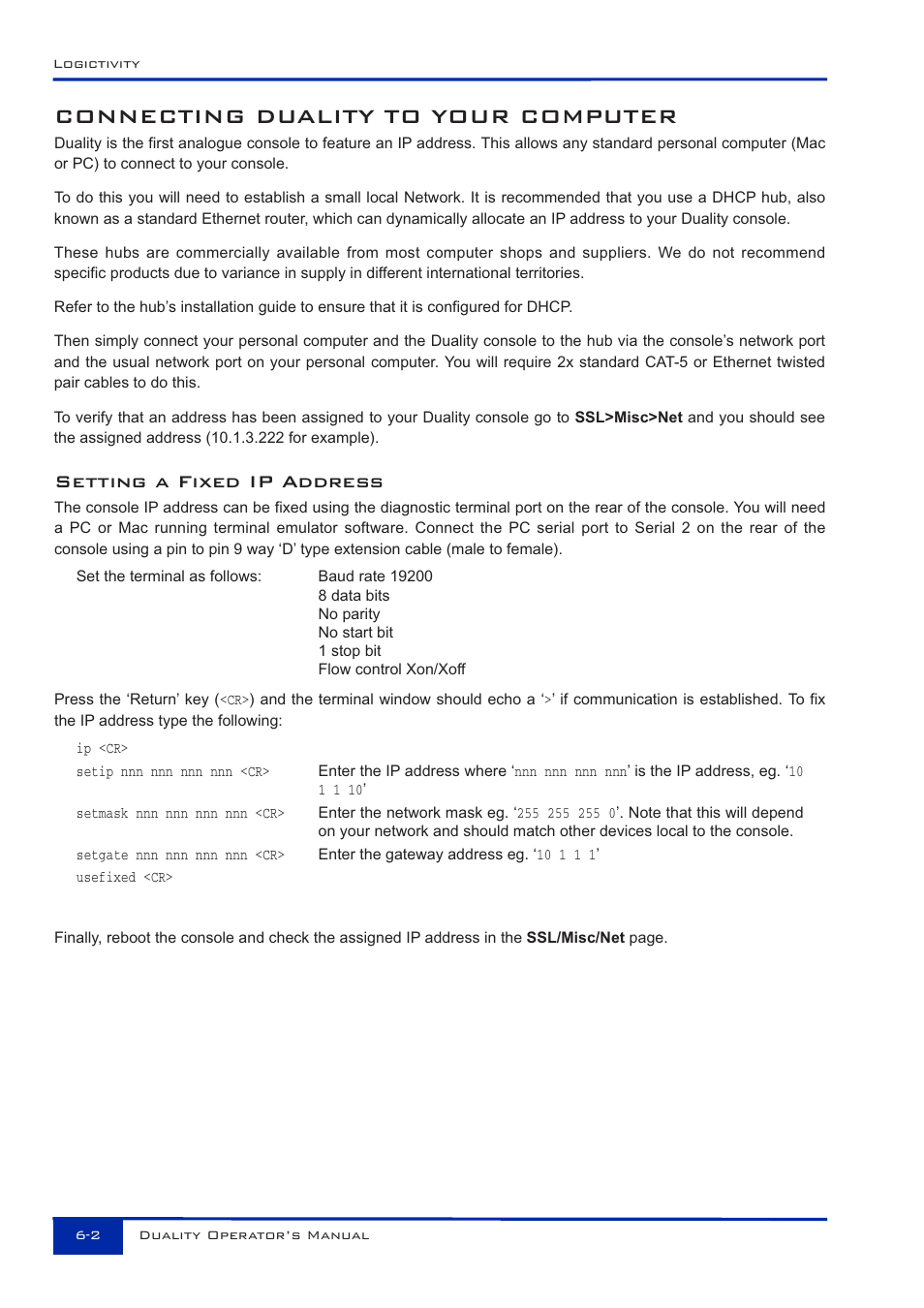 Connecting duality to your computer, Setting a fixed ip address | Solid State Logic Duality 82S6DUA20C User Manual | Page 118 / 127