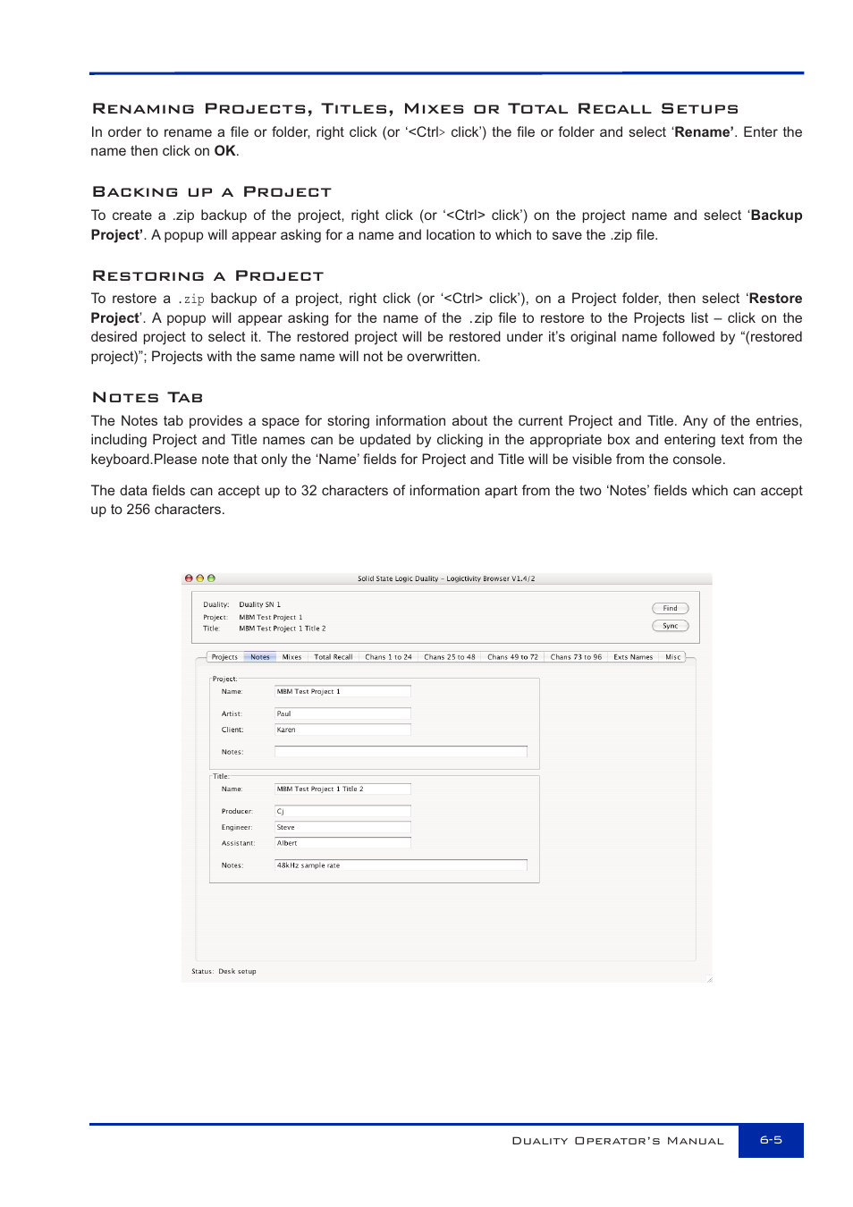 Backing up a project, Restoring a project | Solid State Logic Duality 82S6DUA20C User Manual | Page 121 / 127