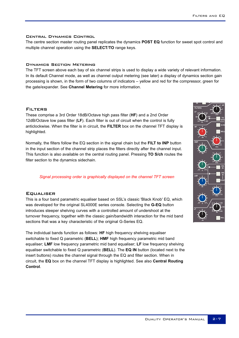 Filters, Equaliser, Central dynamics control | Filters and eq 2 - 7 duality operator’s manual | Solid State Logic Duality 82S6DUA20C User Manual | Page 19 / 127