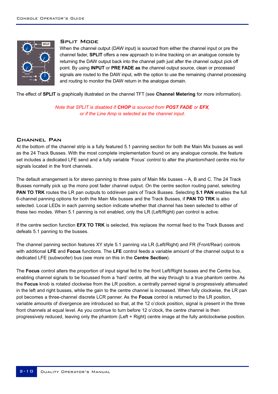 Split mode, Channel pan | Solid State Logic Duality 82S6DUA20C User Manual | Page 22 / 127