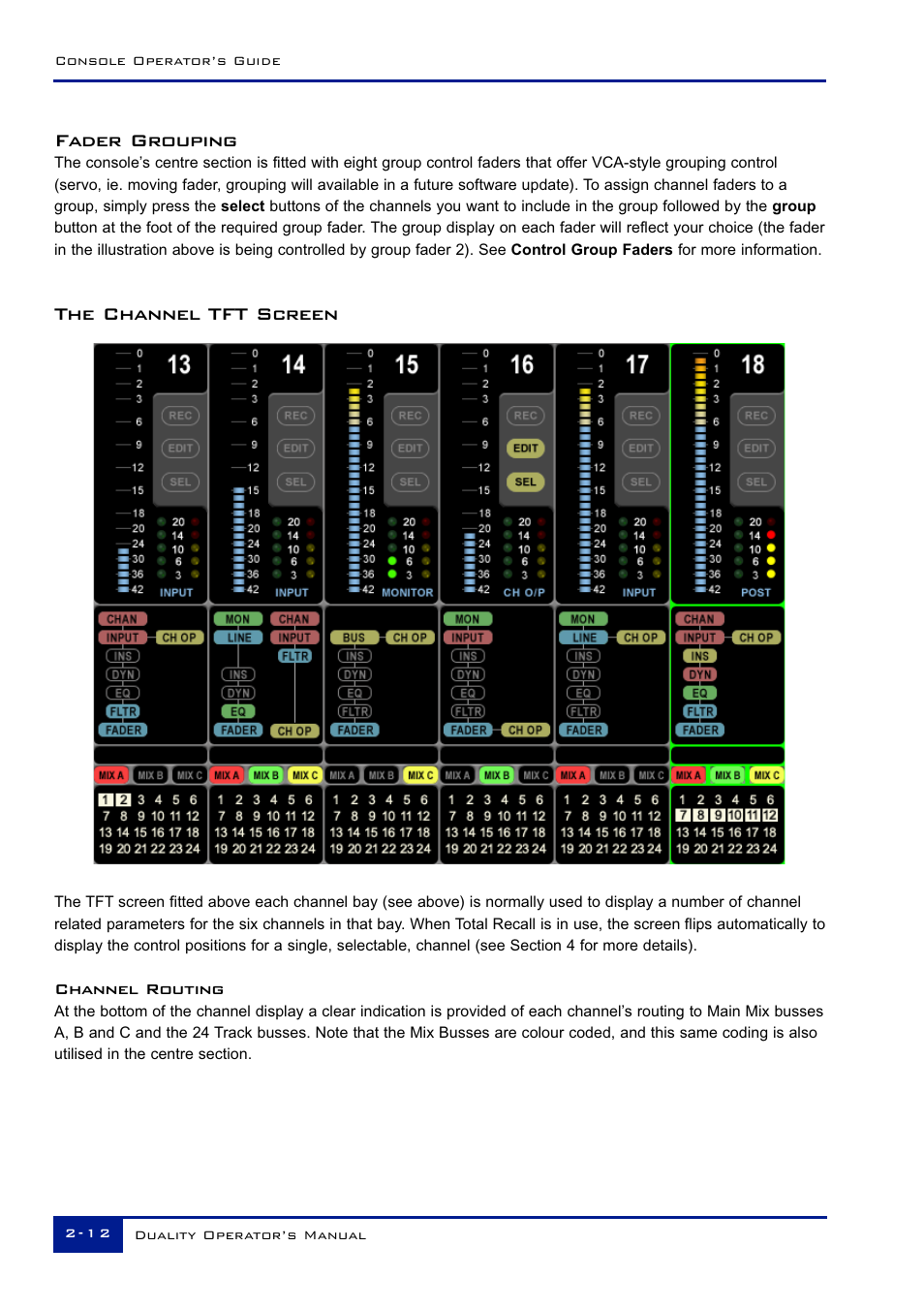 Fader grouping, The channel tft screen | Solid State Logic Duality 82S6DUA20C User Manual | Page 24 / 127