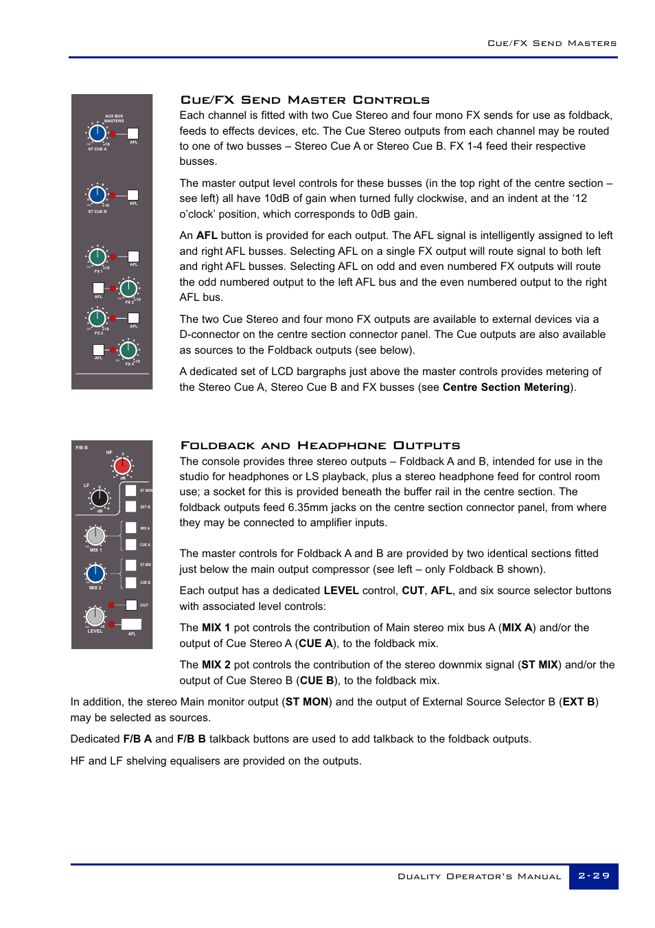 Cue/fx send master controls, Foldback and headphone outputs | Solid State Logic Duality 82S6DUA20C User Manual | Page 41 / 127