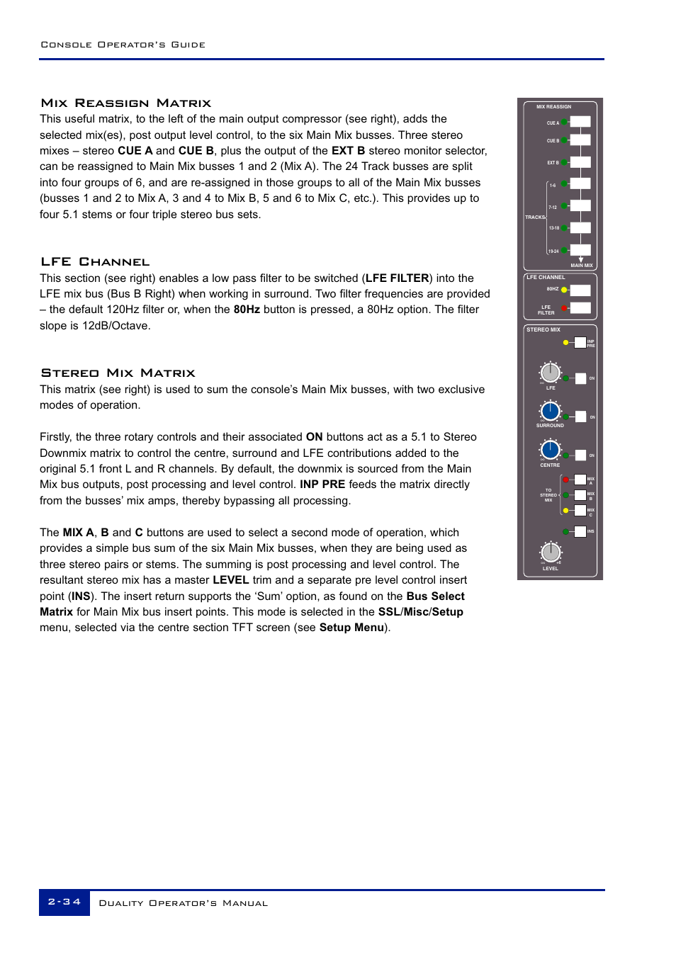 Mix reassign matrix, Lfe channel, Stereo mix matrix | Solid State Logic Duality 82S6DUA20C User Manual | Page 46 / 127