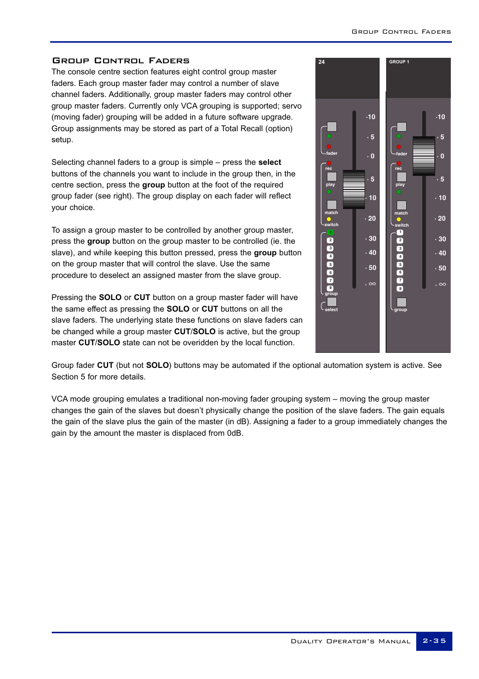 Group control faders | Solid State Logic Duality 82S6DUA20C User Manual | Page 47 / 127