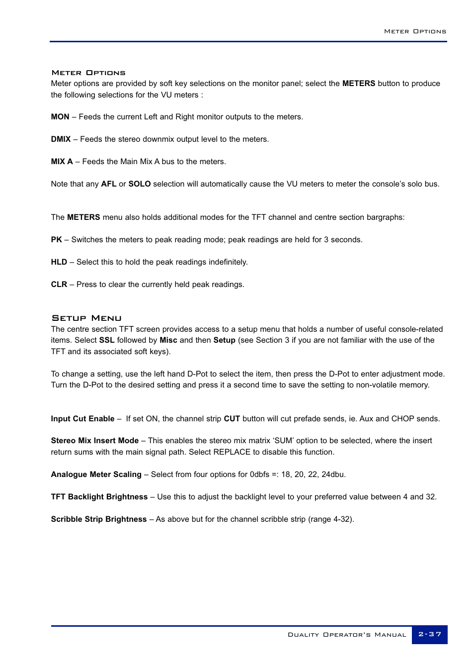 Setup menu | Solid State Logic Duality 82S6DUA20C User Manual | Page 49 / 127