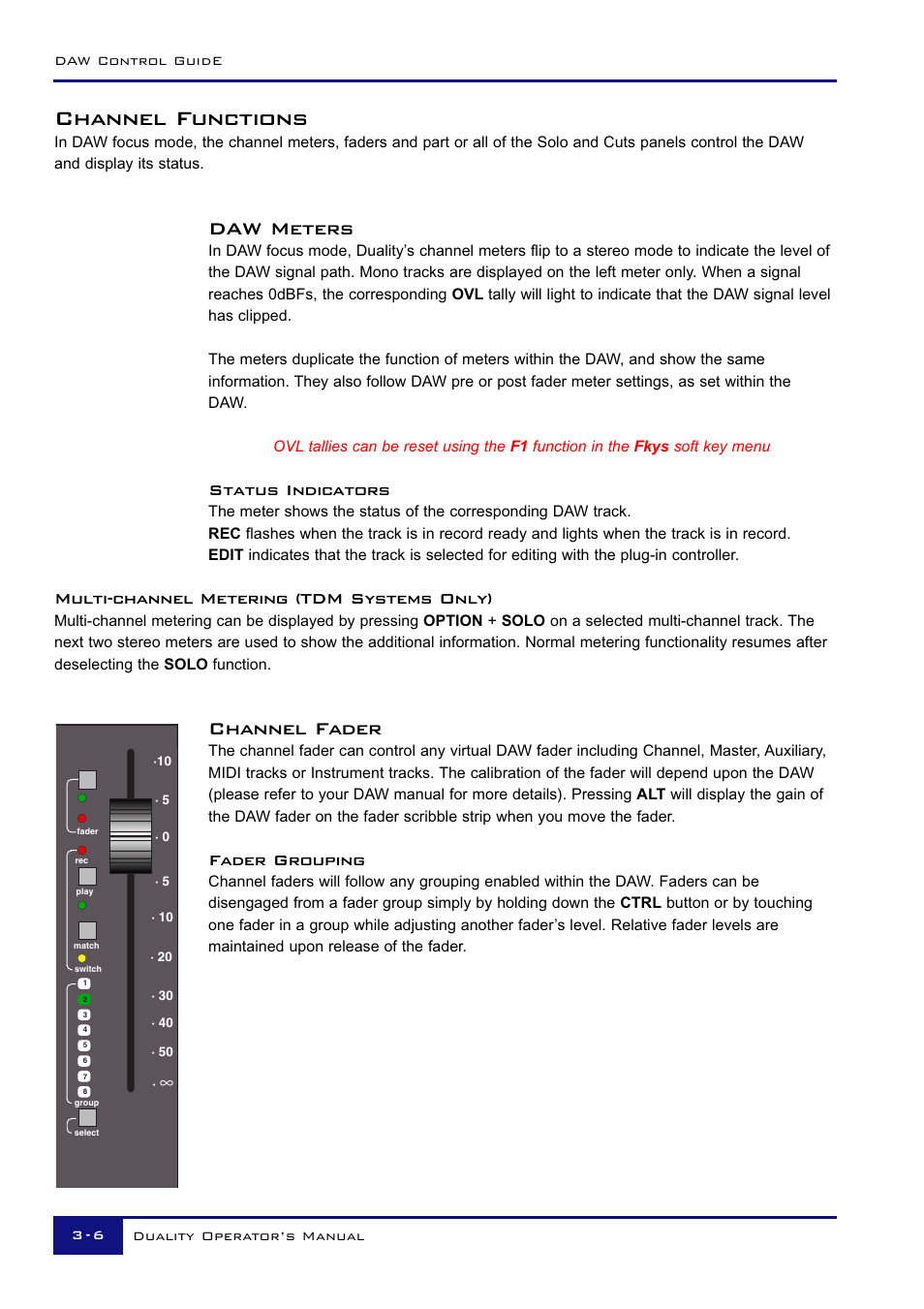 Channel functions, Daw meters, Channel fader | Status indicators, Multi-channel metering (tdm systems only), Fader grouping | Solid State Logic Duality 82S6DUA20C User Manual | Page 56 / 127