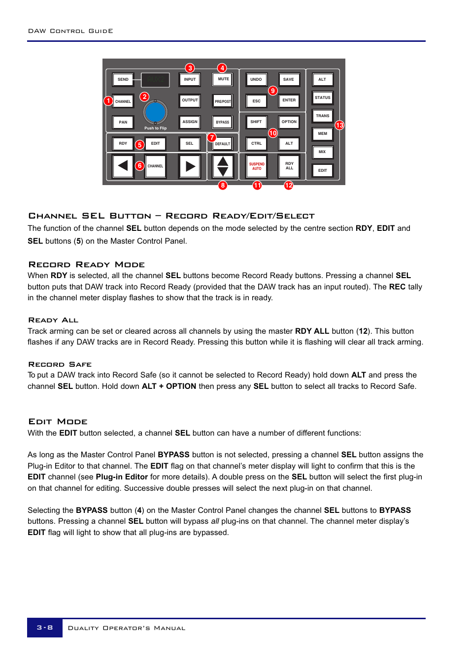 Channel sel button – record ready/edit/select, Record ready mode, Edit mode | Ready all, Record safe, Daw control guide 3 - 8 duality operator’s manual | Solid State Logic Duality 82S6DUA20C User Manual | Page 58 / 127