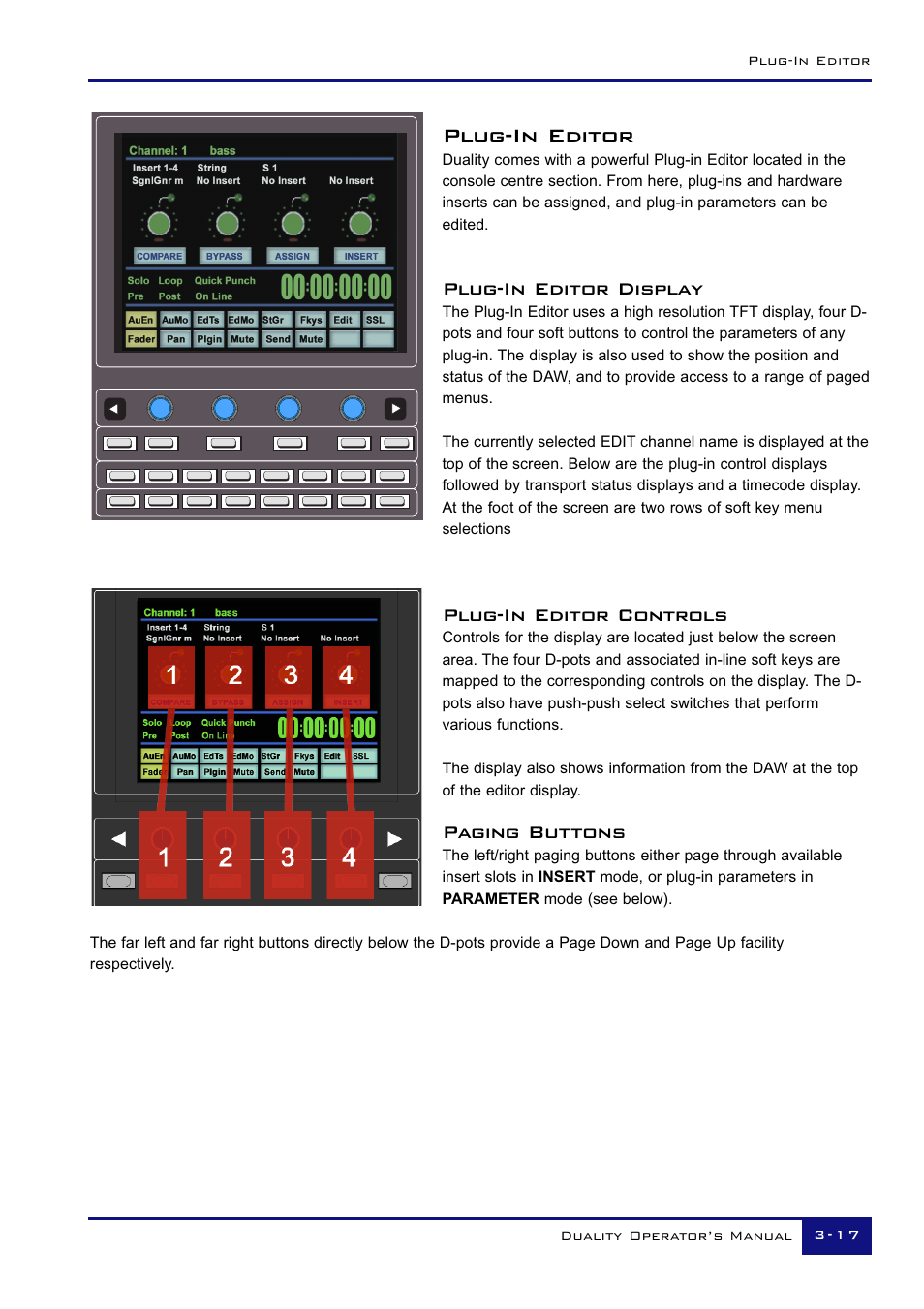 Plug-in editor, Plug-in editor display, Plug-in editor controls | Paging buttons, Ch 13 | Solid State Logic Duality 82S6DUA20C User Manual | Page 67 / 127