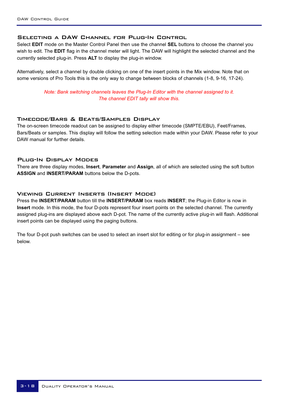 Selecting a daw channel for plug-in control, Timecode/bars & beats/samples display, Plug-in display modes | Viewing current inserts (insert mode) | Solid State Logic Duality 82S6DUA20C User Manual | Page 68 / 127