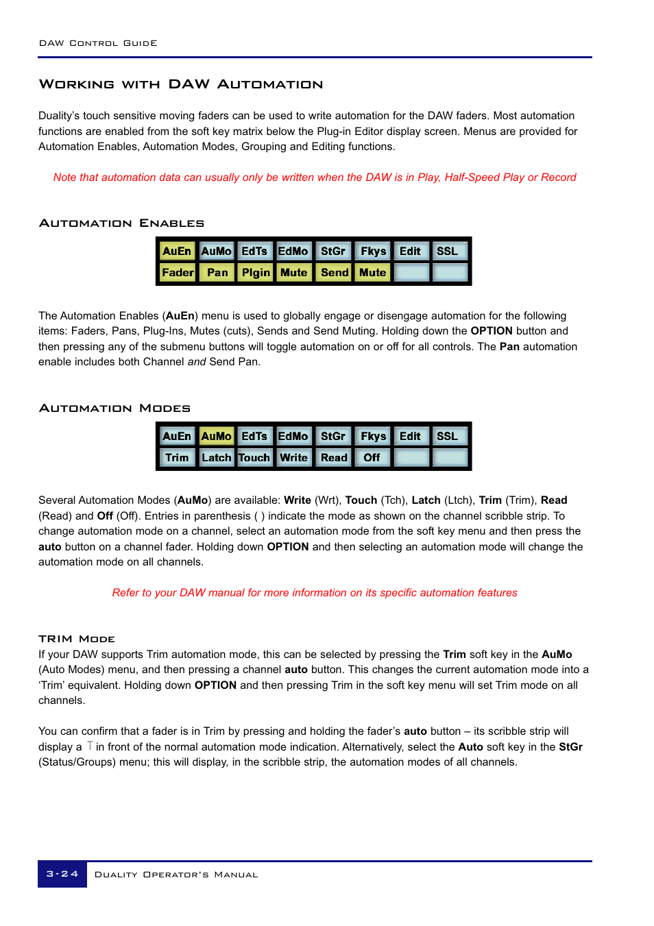 Working with daw automation, Automation enables, Automation modes | Solid State Logic Duality 82S6DUA20C User Manual | Page 74 / 127