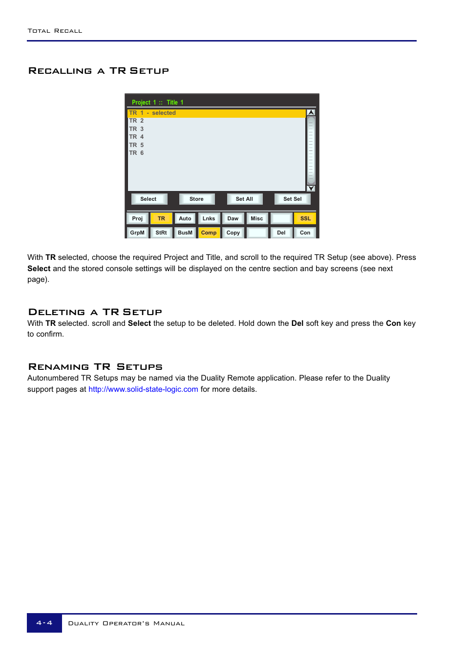 Recalling a tr setup, Deleting a tr setup, Renaming tr setups | Solid State Logic Duality 82S6DUA20C User Manual | Page 94 / 127