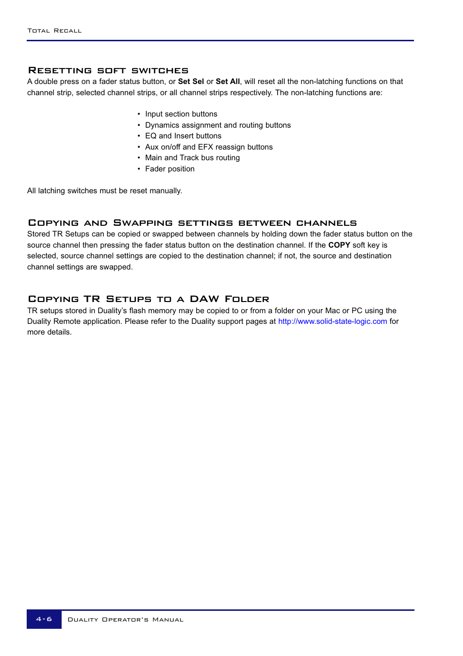 Resetting soft switches, Copying and swapping settings between channels, Copying tr setups to a daw folder | Solid State Logic Duality 82S6DUA20C User Manual | Page 96 / 127