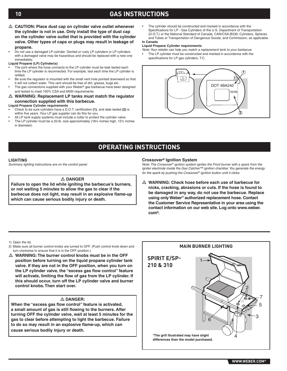 Gas instructions operating instructions | Spirit E-210/310 User Manual | Page 10 / 40