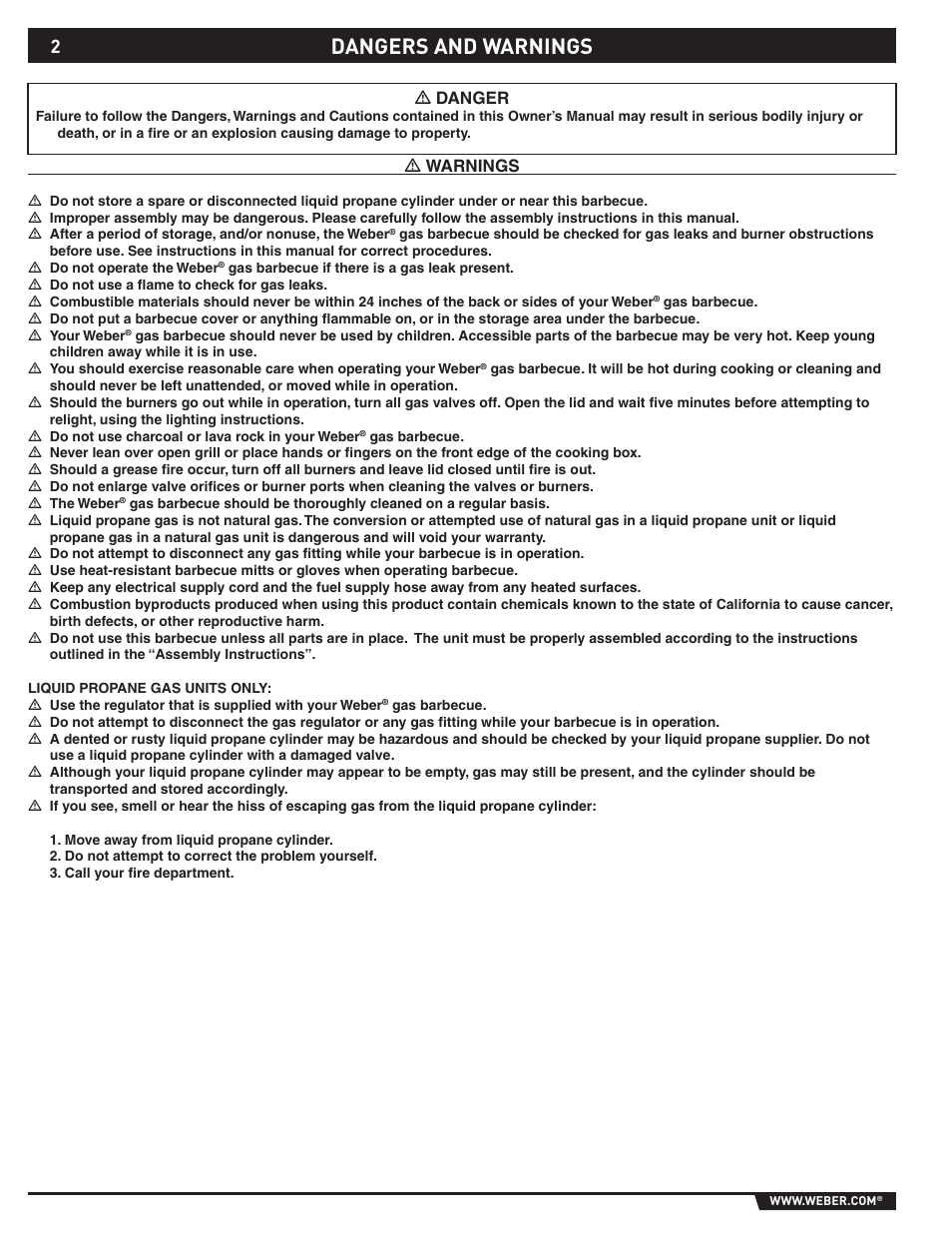 Dangers and warnings, Ƽ danger, Ƽ warnings | Spirit E-210/310 User Manual | Page 2 / 40