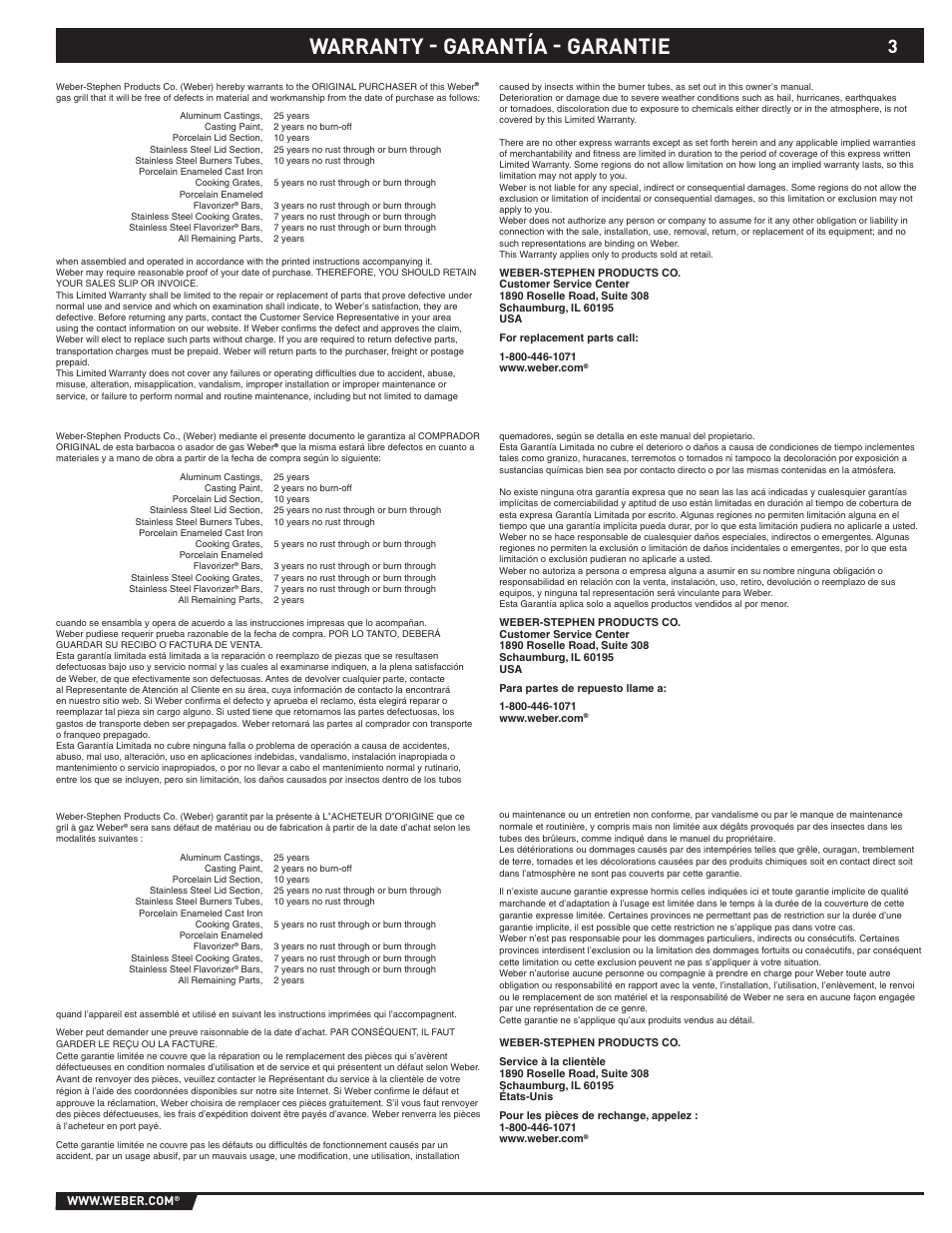 Warranty - garantía - garantie | Spirit E-210/310 User Manual | Page 3 / 40