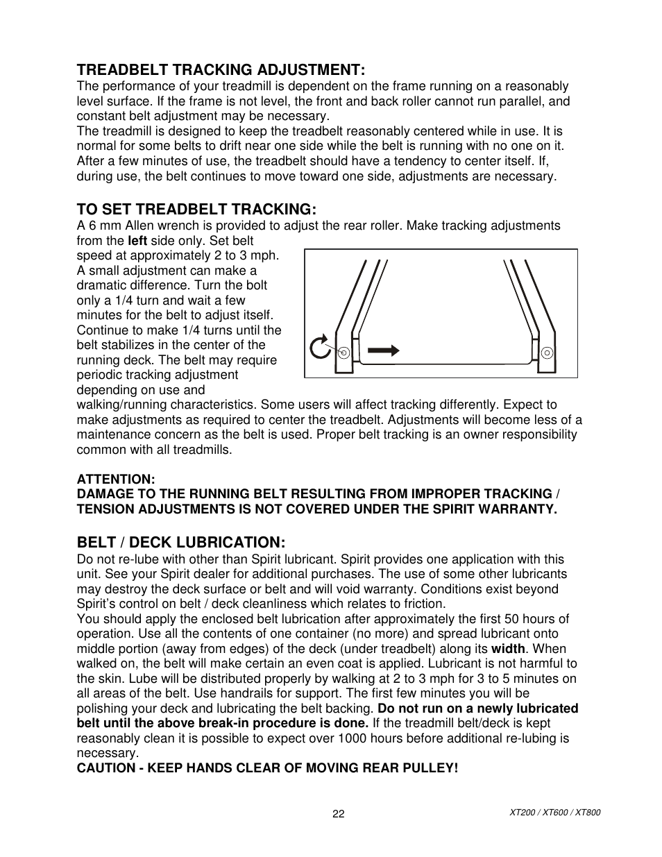 Treadbelt tracking adjustment, Belt / deck lubrication | Spirit XT80013 User Manual | Page 10 / 12