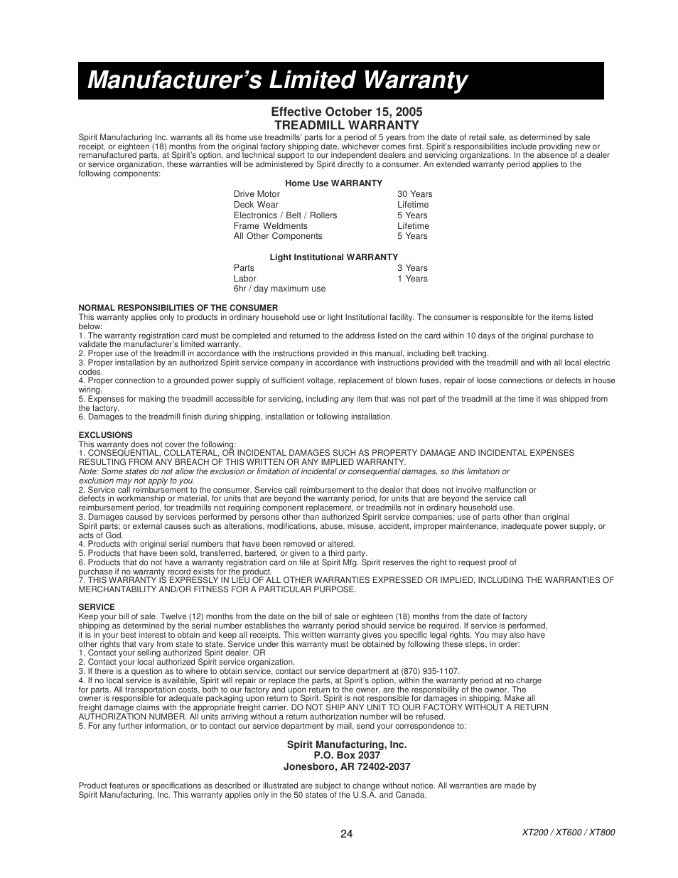 Manufacturer’s limited warranty | Spirit XT80013 User Manual | Page 12 / 12