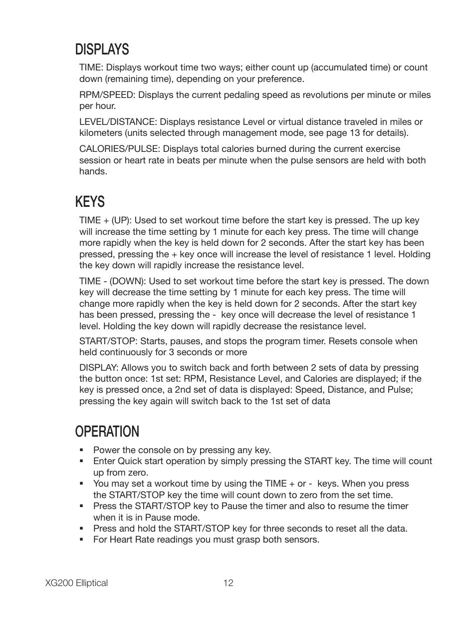 Displays, Keys, Operation | Spirit XG200 User Manual | Page 14 / 16