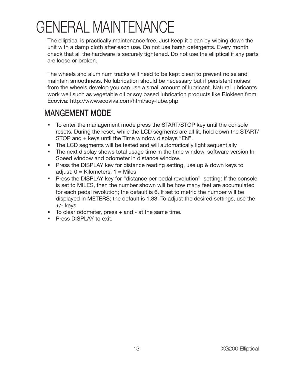 General maintenance, Mangement mode | Spirit XG200 User Manual | Page 15 / 16