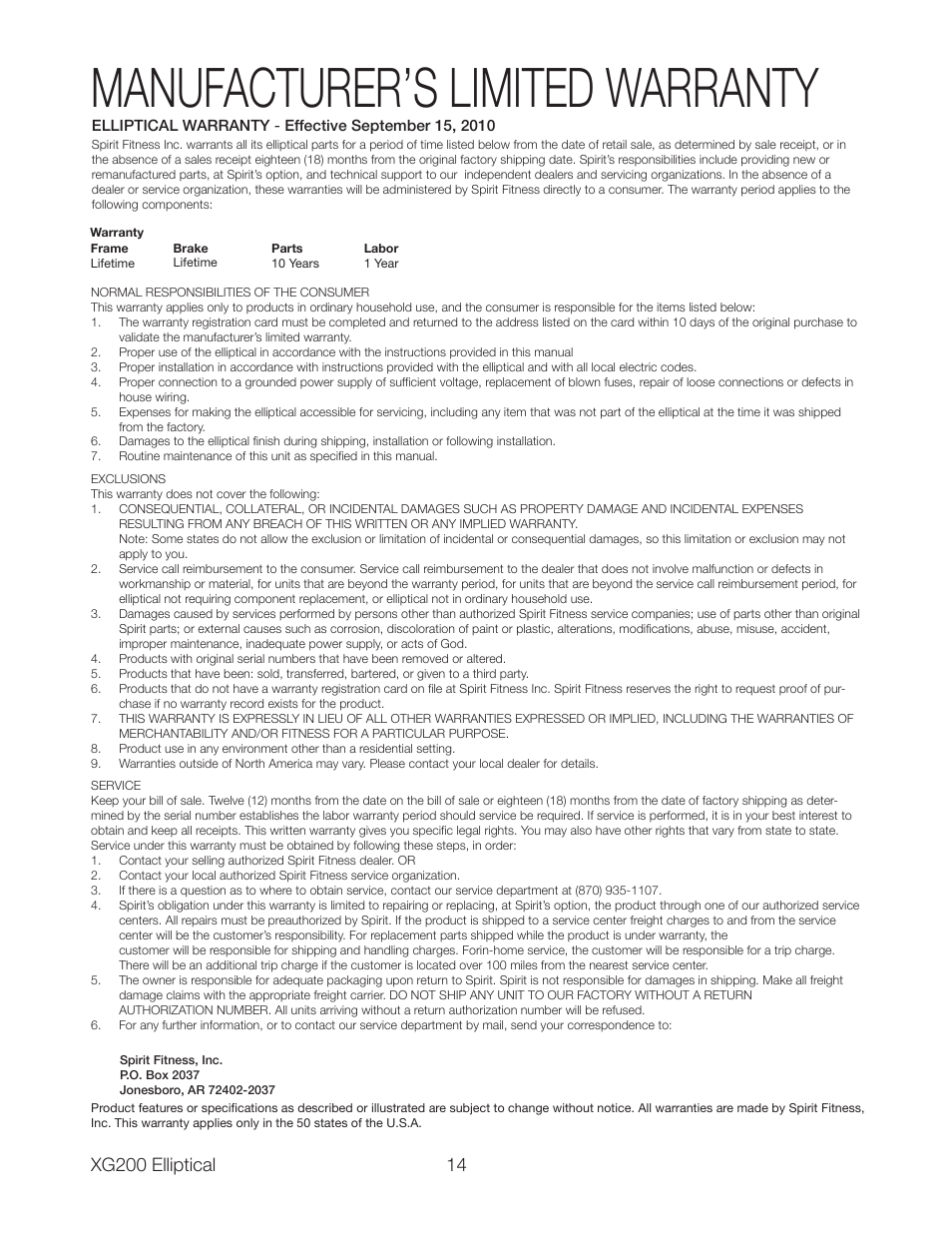 Manufacturer’s limited warranty | Spirit XG200 User Manual | Page 16 / 16