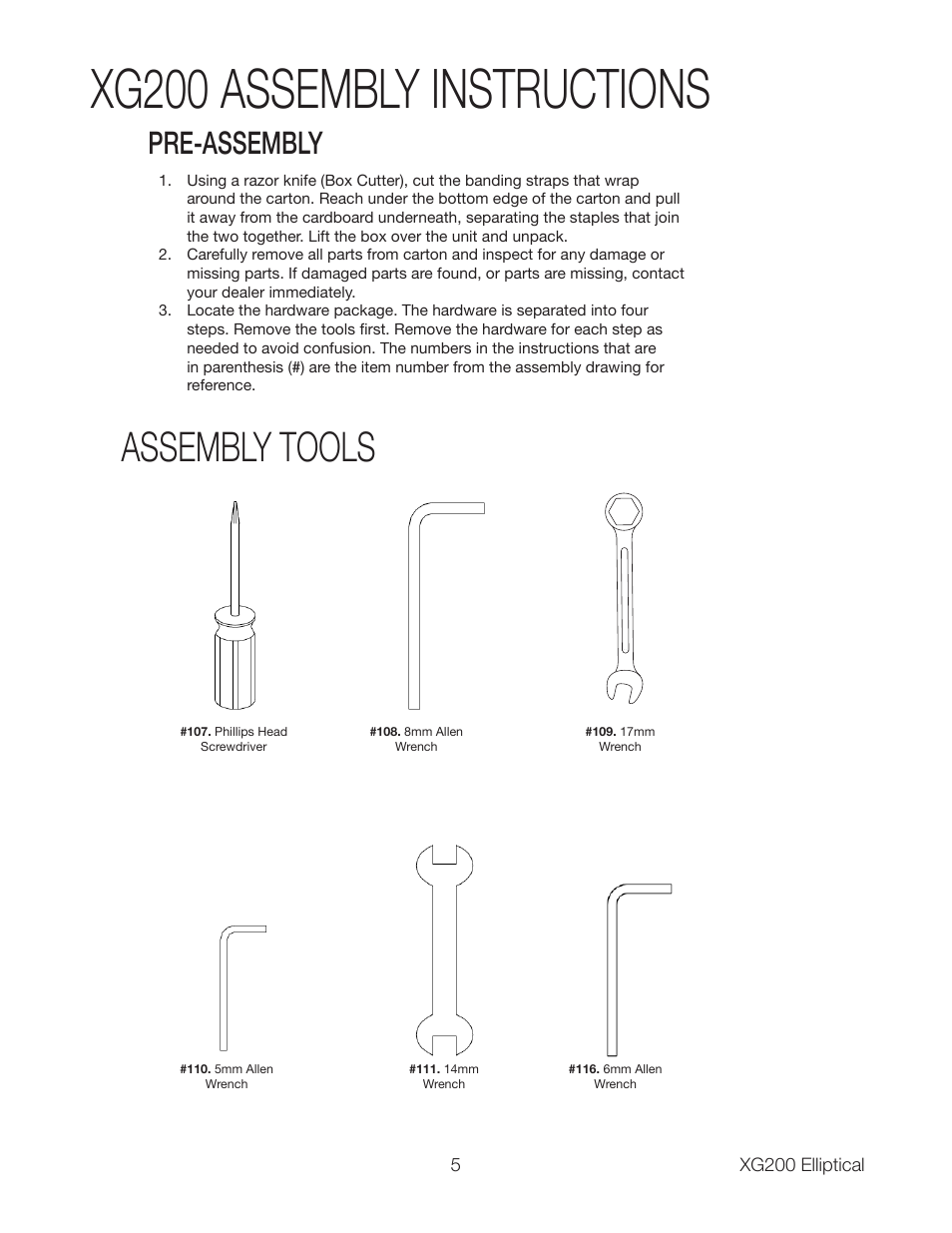 Xg200 assembly instructions, Assembly tools, Pre-assembly | Spirit XG200 User Manual | Page 7 / 16