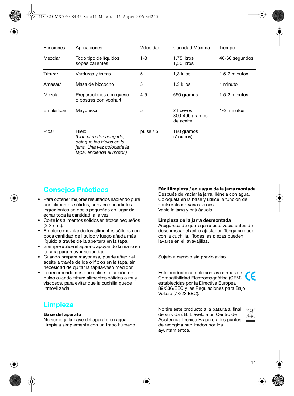 Consejos prácticos, Limpieza | Braun MX 2050 User Manual | Page 11 / 44
