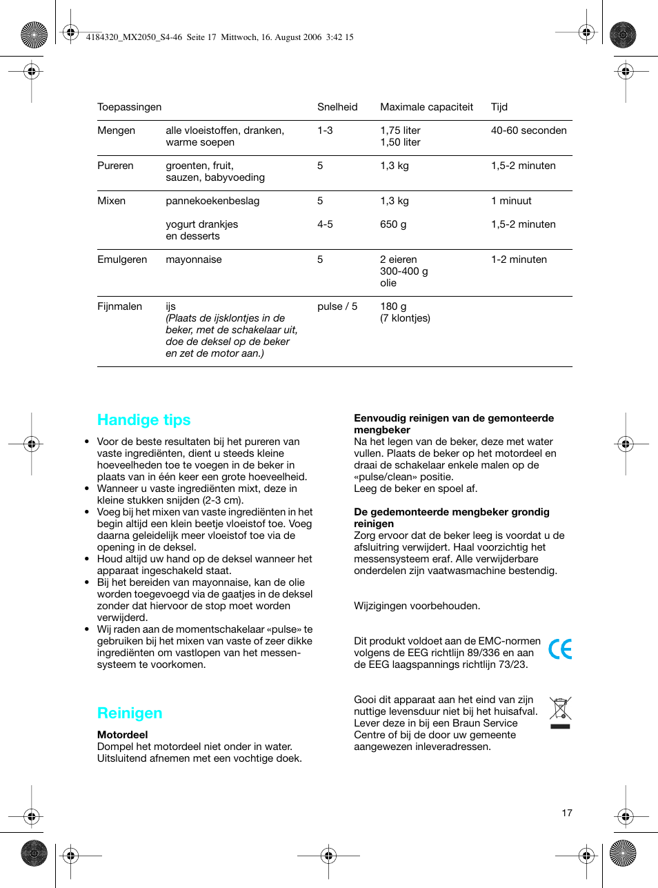 Handige tips, Reinigen | Braun MX 2050 User Manual | Page 17 / 44