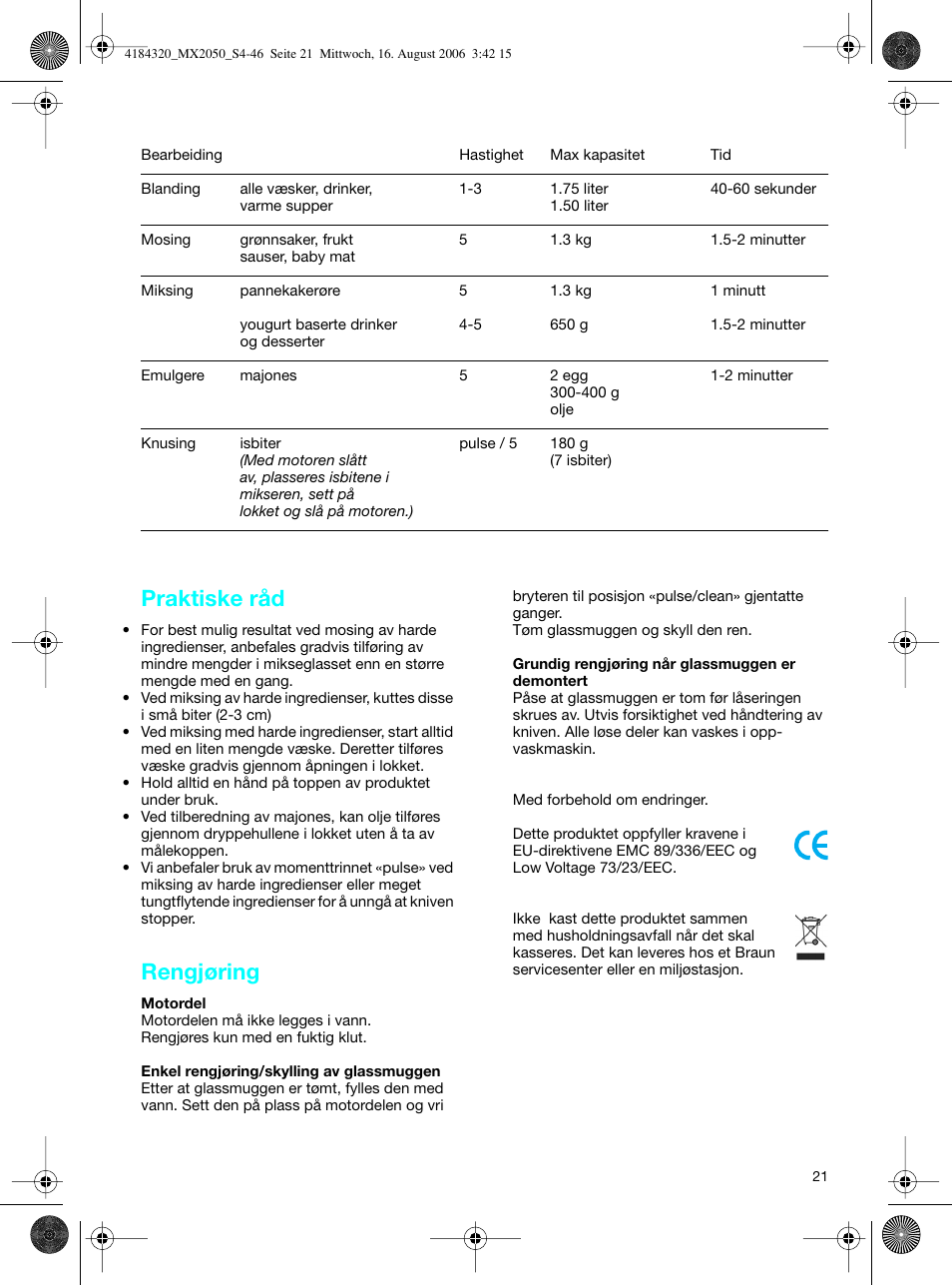 Praktiske råd, Rengjøring | Braun MX 2050 User Manual | Page 21 / 44