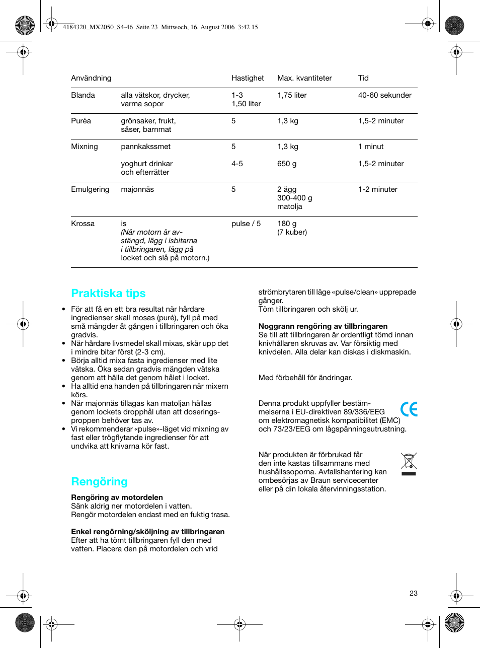 Praktiska tips, Rengöring | Braun MX 2050 User Manual | Page 23 / 44