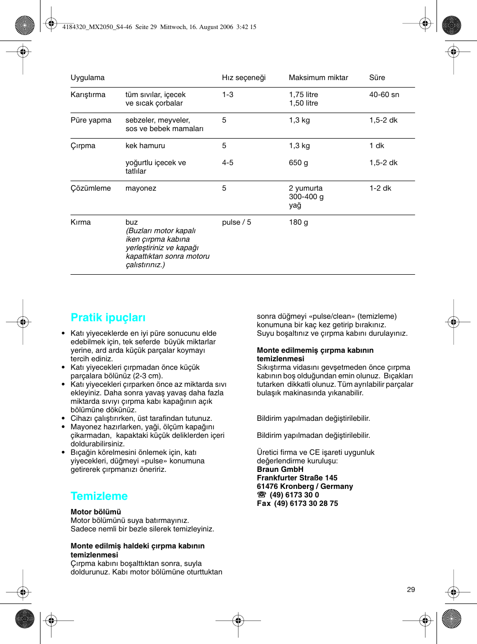 Pratik ipuçları, Temizleme | Braun MX 2050 User Manual | Page 29 / 44