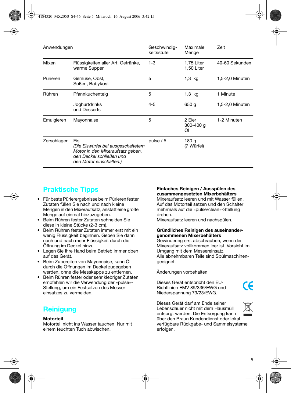 Praktische tipps, Reinigung | Braun MX 2050 User Manual | Page 5 / 44
