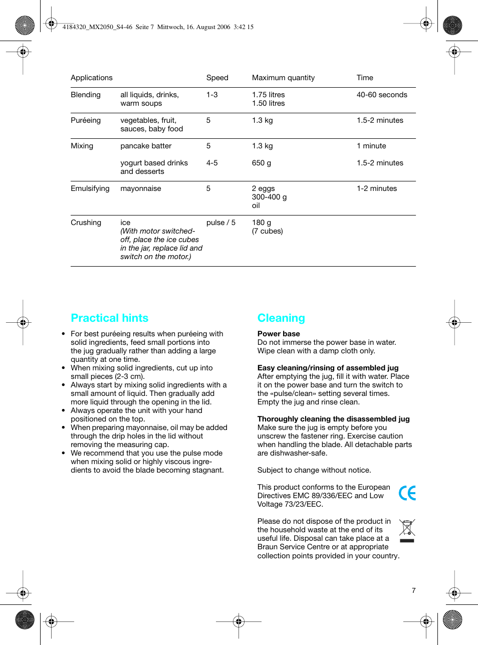 Practical hints, Cleaning | Braun MX 2050 User Manual | Page 7 / 44