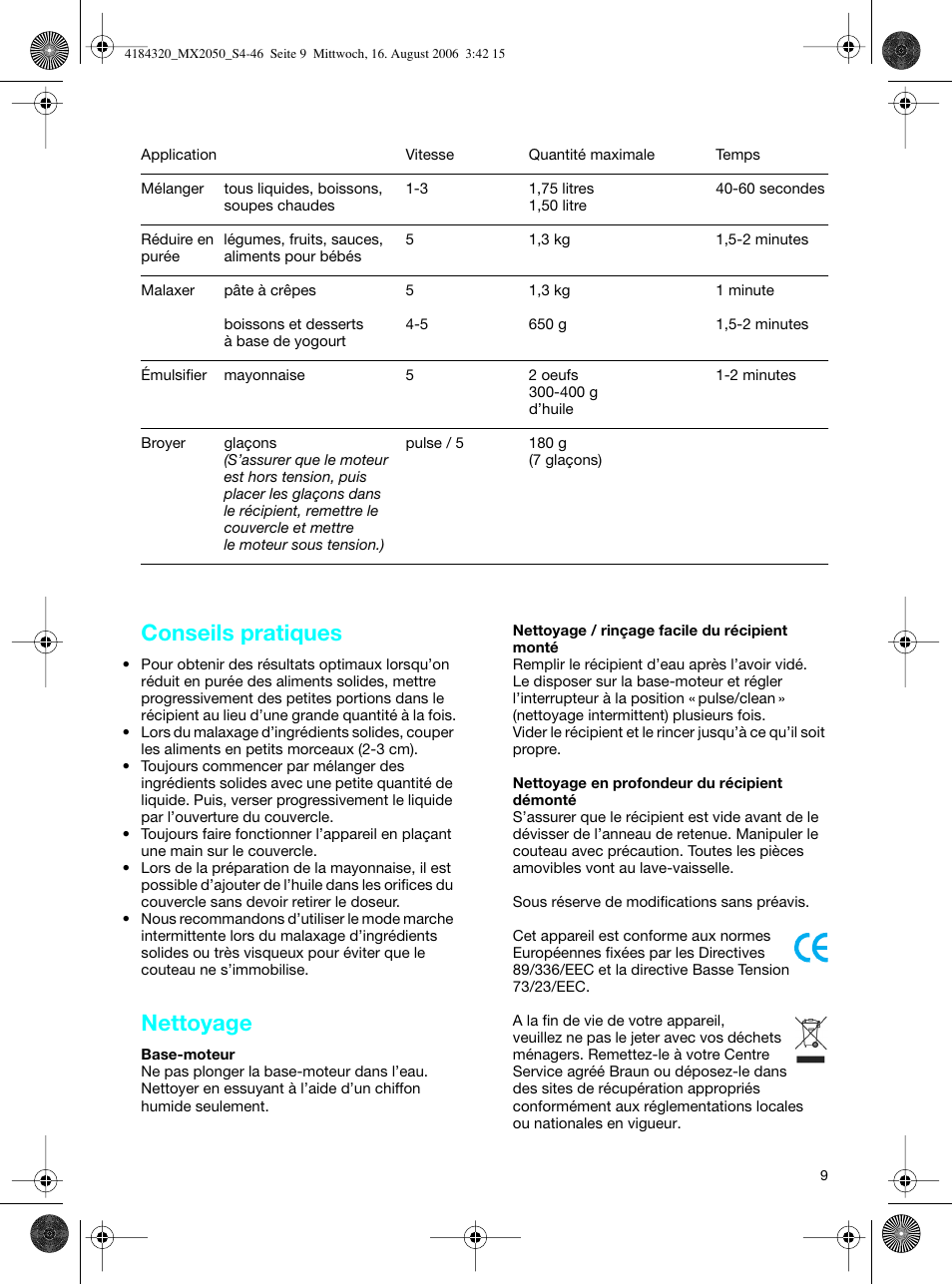 Conseils pratiques, Nettoyage | Braun MX 2050 User Manual | Page 9 / 44