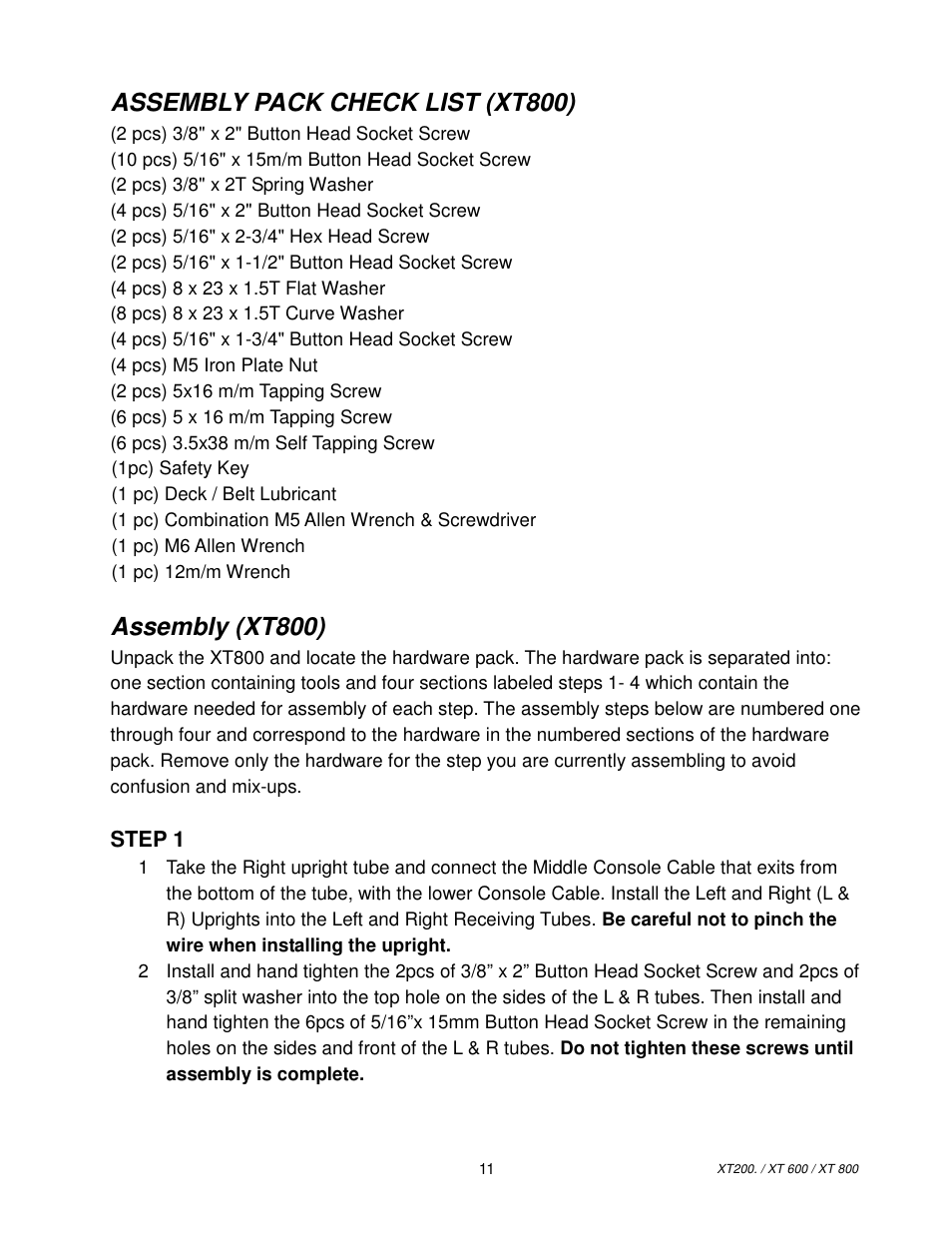 Assembly pack check list (xt800), Assembly (xt800) | Spirit XT800 User Manual | Page 12 / 15