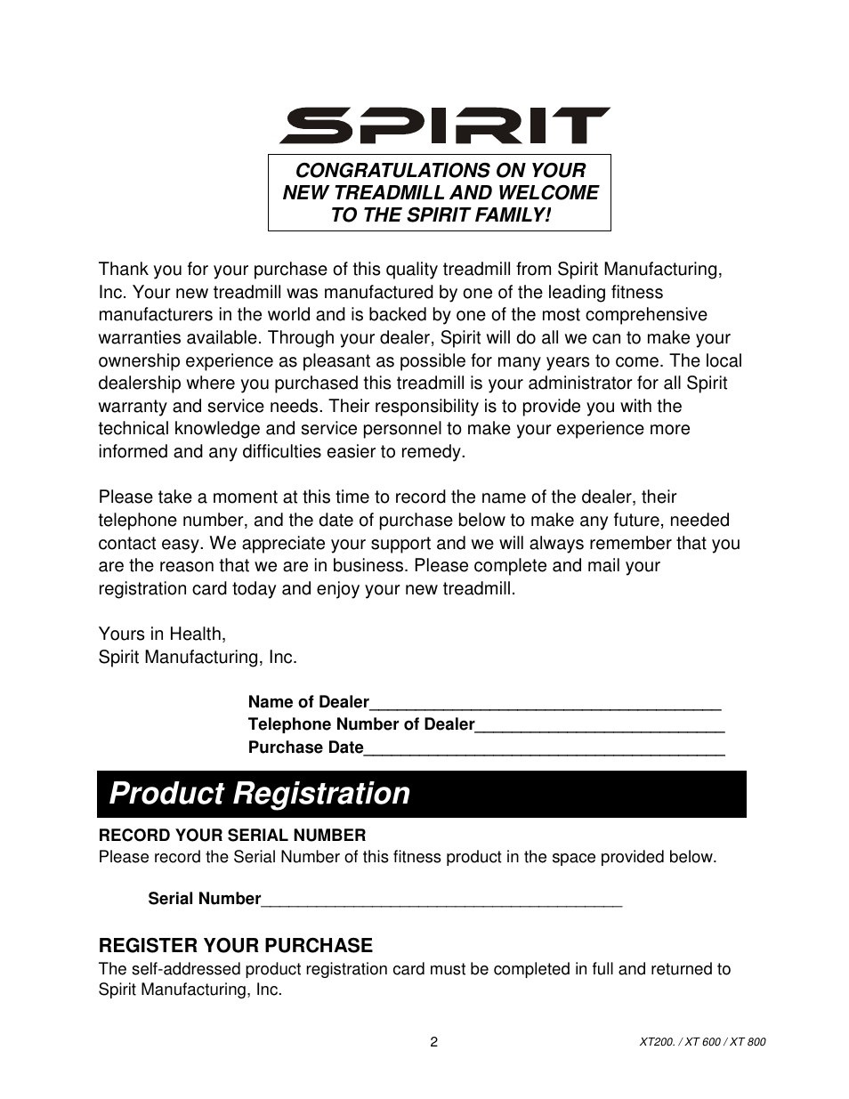 Product registration | Spirit XT800 User Manual | Page 3 / 15