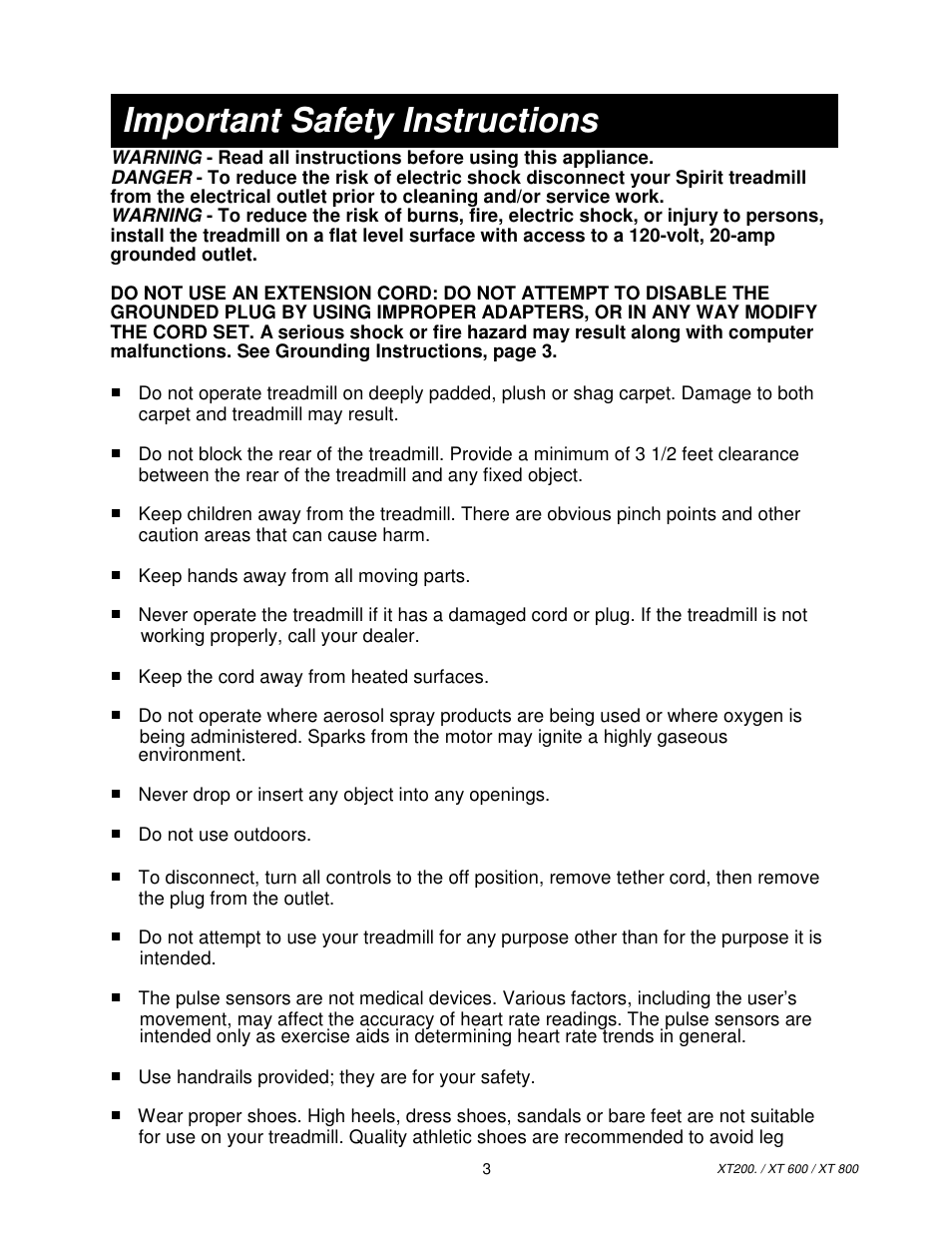 Important safety instructions | Spirit XT800 User Manual | Page 4 / 15