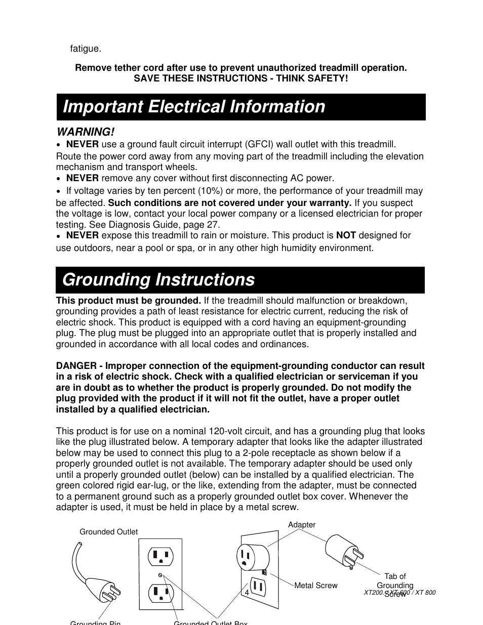 Important electrical information, Grounding instructions | Spirit XT800 User Manual | Page 5 / 15