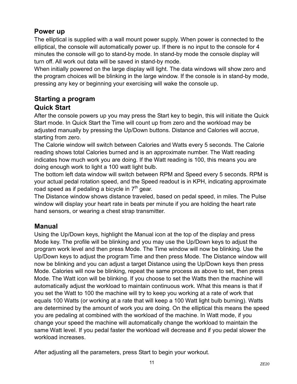 Power up, Starting a program quick start, Manual | Spirit ZE20 User Manual | Page 12 / 15