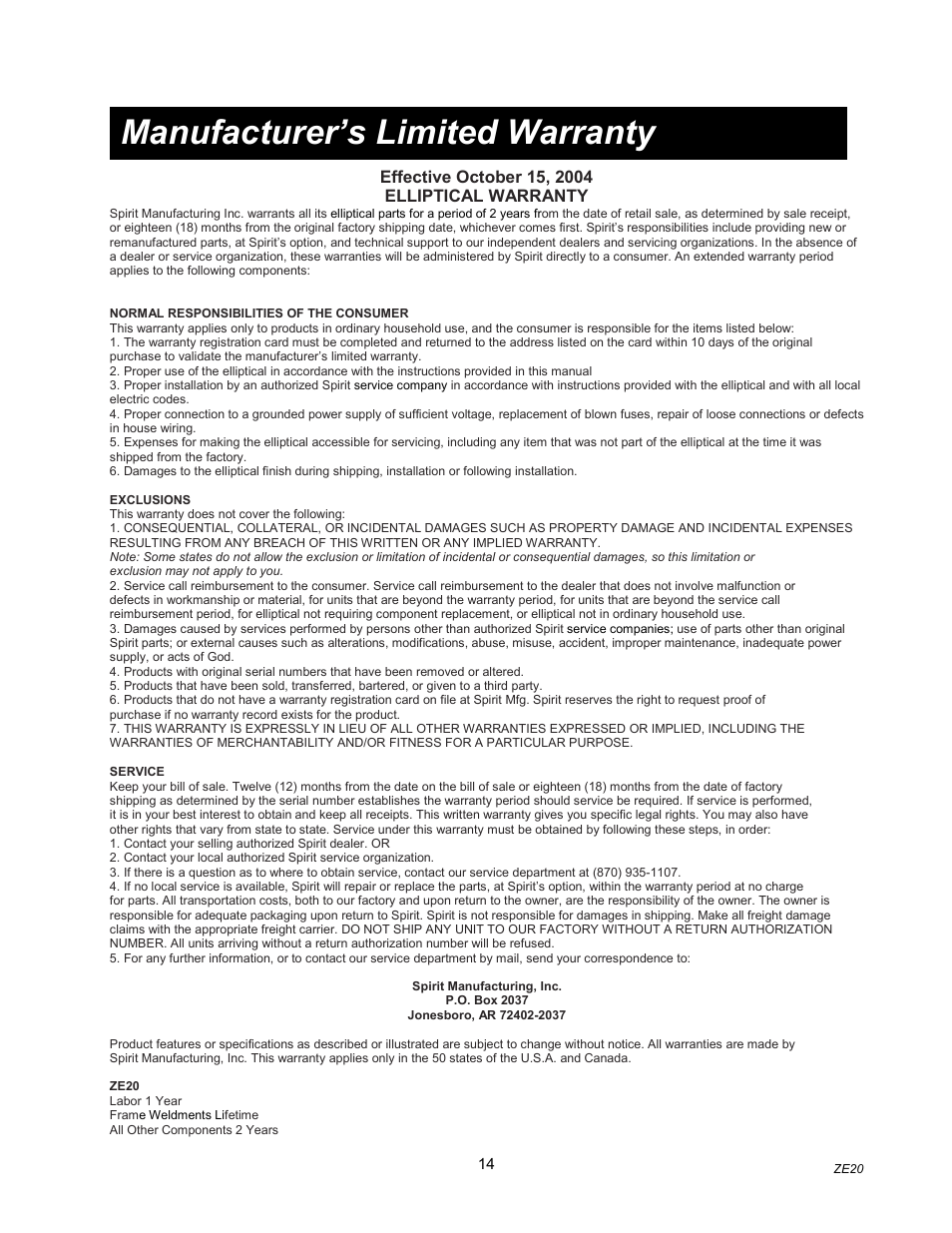 Manufacturer’s limited warranty | Spirit ZE20 User Manual | Page 15 / 15
