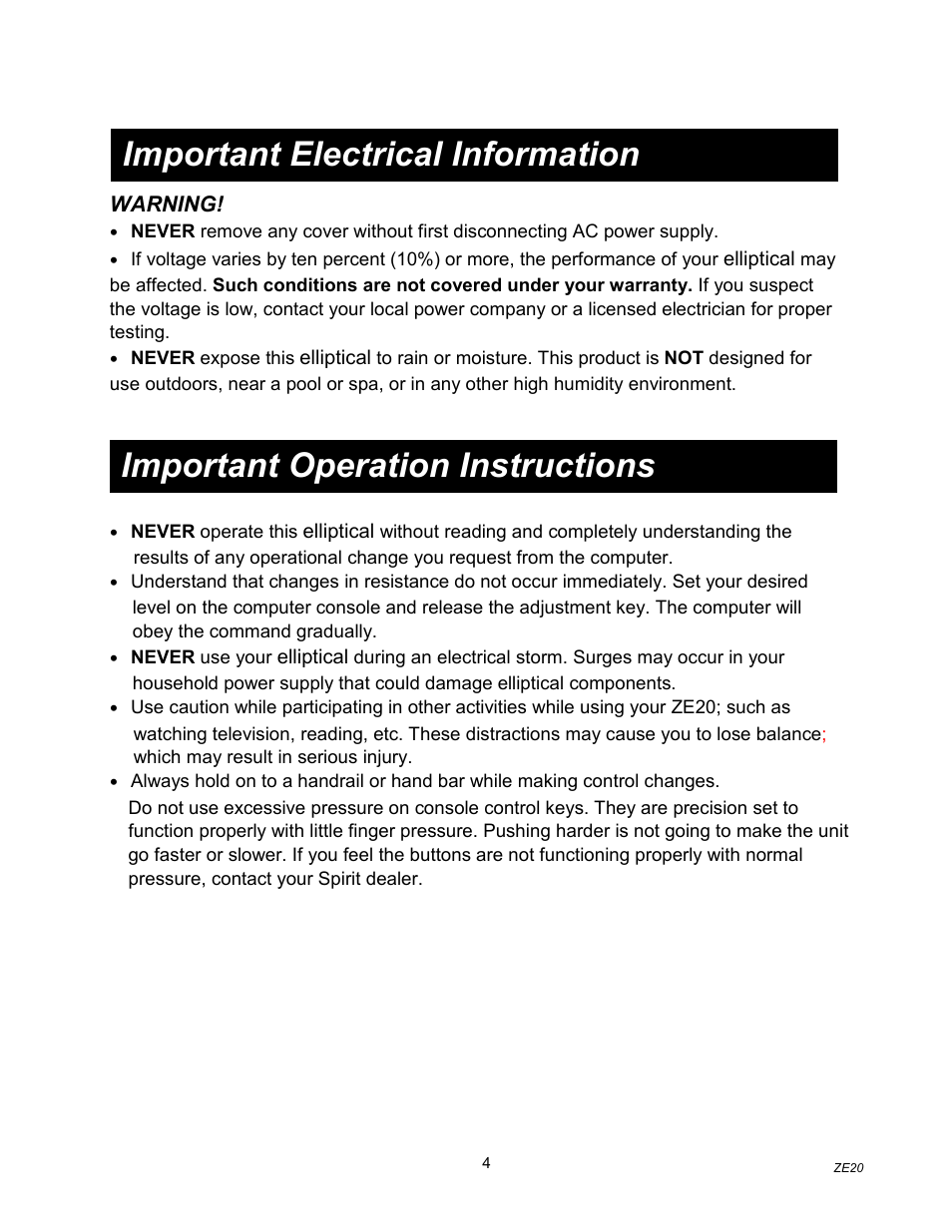 Important electrical information, Important operation instructions | Spirit ZE20 User Manual | Page 5 / 15