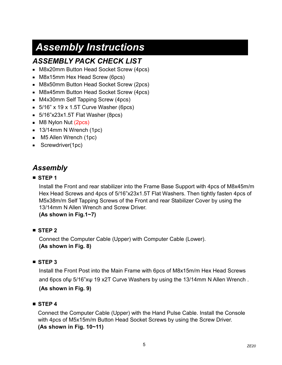 Assembly instructions, Assembly pack check list, Assembly | Spirit ZE20 User Manual | Page 6 / 15