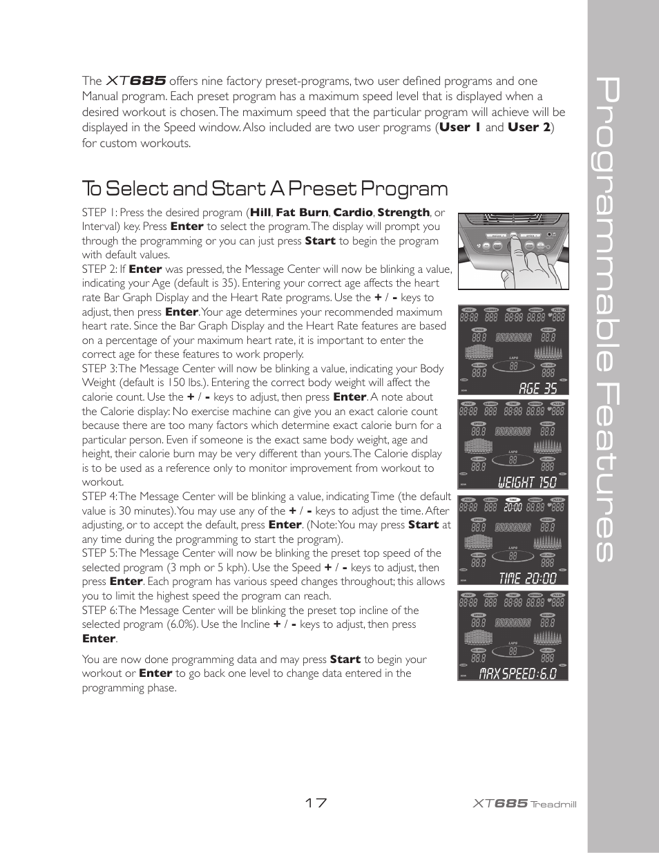 Pr ogr ammable f eatur es | Spirit XT685 User Manual | Page 21 / 38