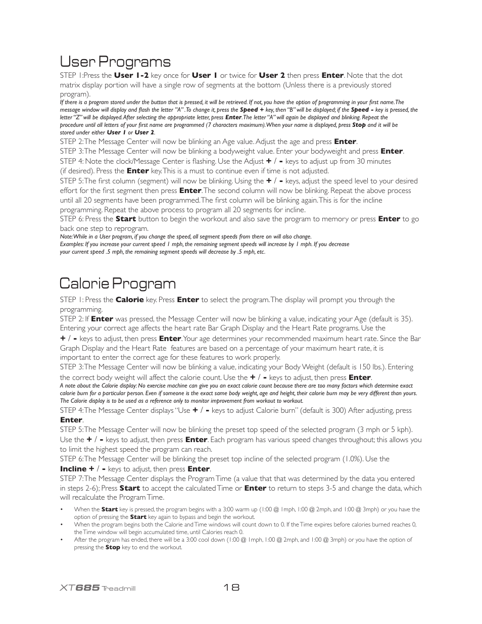 User programs calorie program | Spirit XT685 User Manual | Page 22 / 38