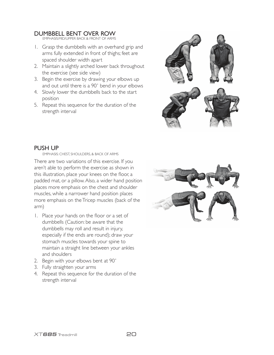 Dumbbell bent over row, Push up | Spirit XT685 User Manual | Page 24 / 38