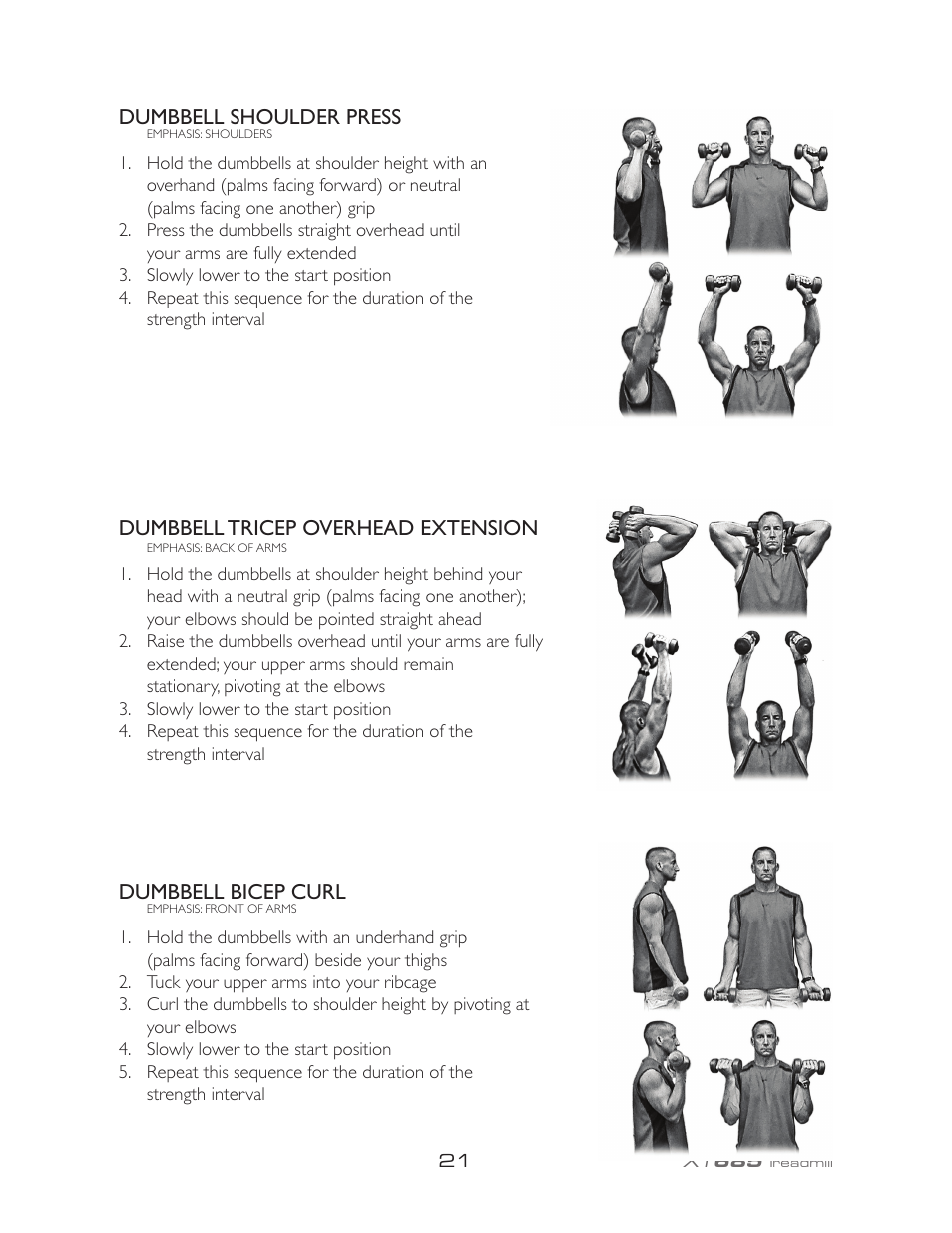 Dumbbell shoulder press, Dumbbell tricep overhead extension, Dumbbell bicep curl | Spirit XT685 User Manual | Page 25 / 38