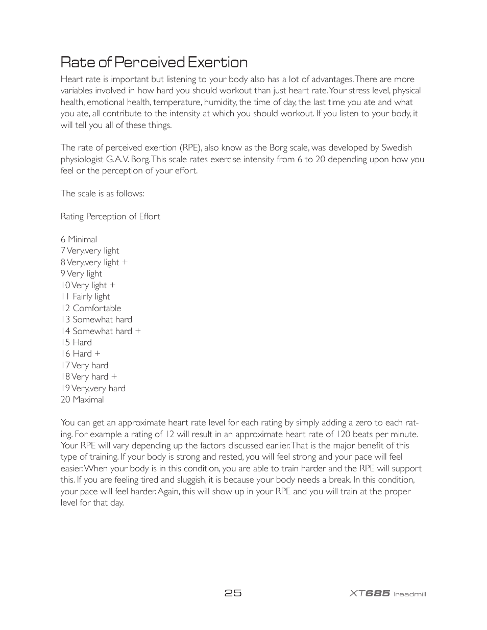 Rate of perceived exertion | Spirit XT685 User Manual | Page 29 / 38
