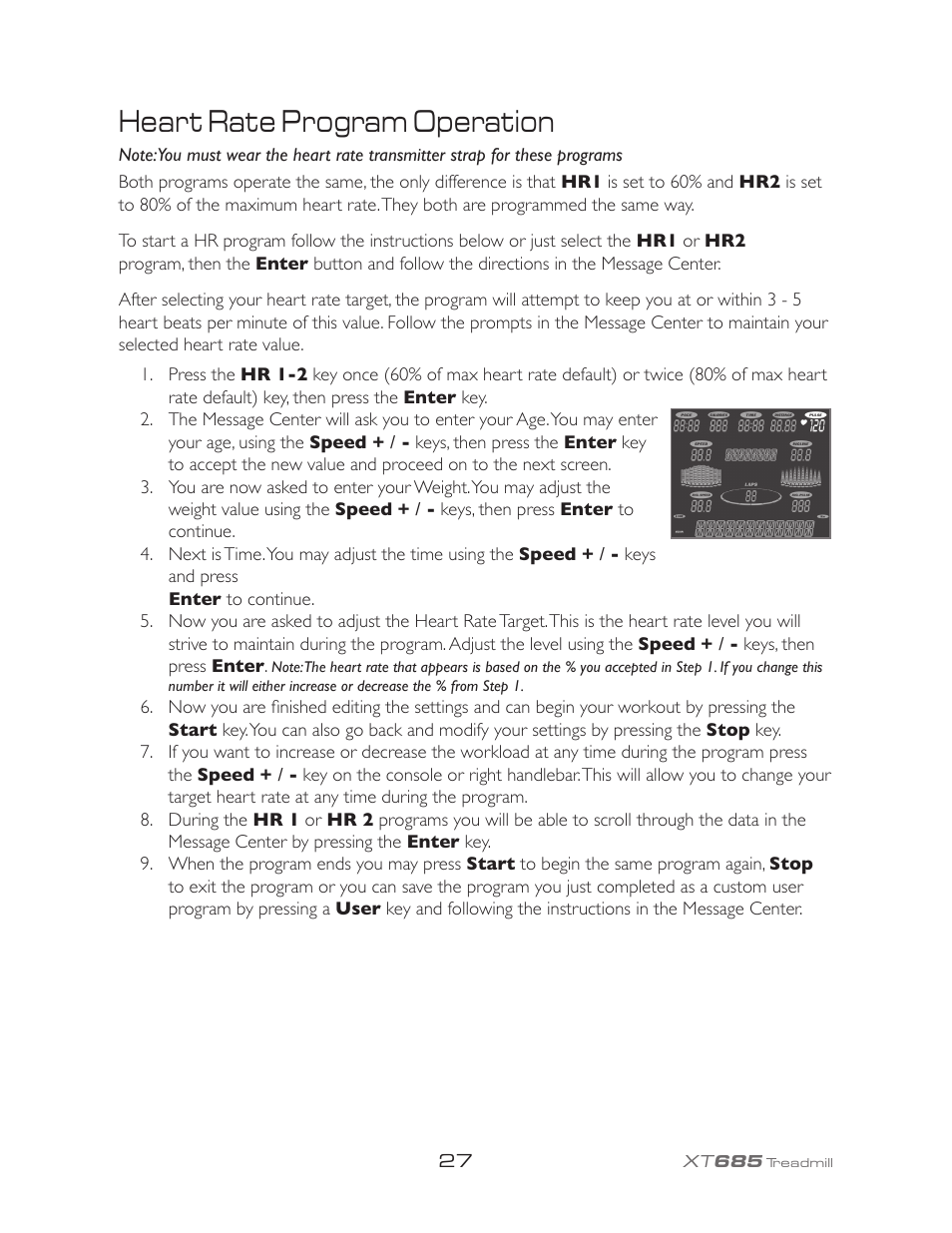 Heart rate program operation | Spirit XT685 User Manual | Page 31 / 38